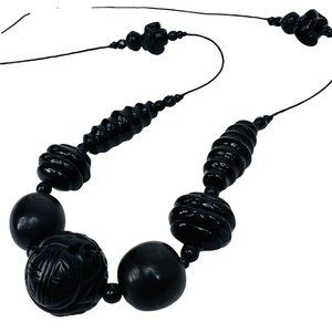 Teresa Goodall Jet Black Carved Bead Statement Necklace Leather Cord 30"